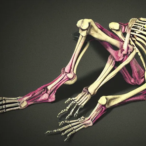 Prompt: skeleton in the fetal position, deep bleeding decaying colors