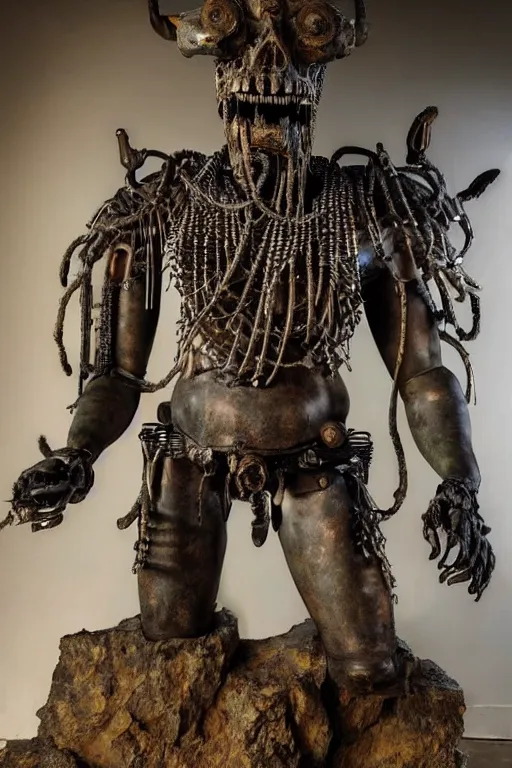 Image similar to photo taken of an epic intricate, ultra detailed, super realistic gritty, hero prop, exquisitely weathered animatronic movie prop of a lifelike sculpture of a tlaloc the god of the death creature displayed in the workshop, created by weta workshop, full body shot, photorealistic, sharp focus