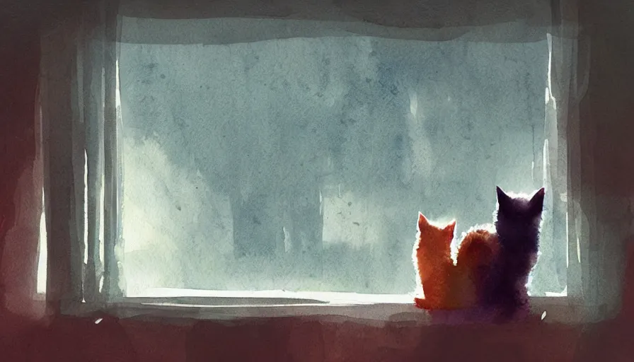 Image similar to watercolor illustration style, cute cats looking out the window, dreamy aesthetic, misty, trending on artstation, vivid colors, 8 k, filip hodas, jeremy mann