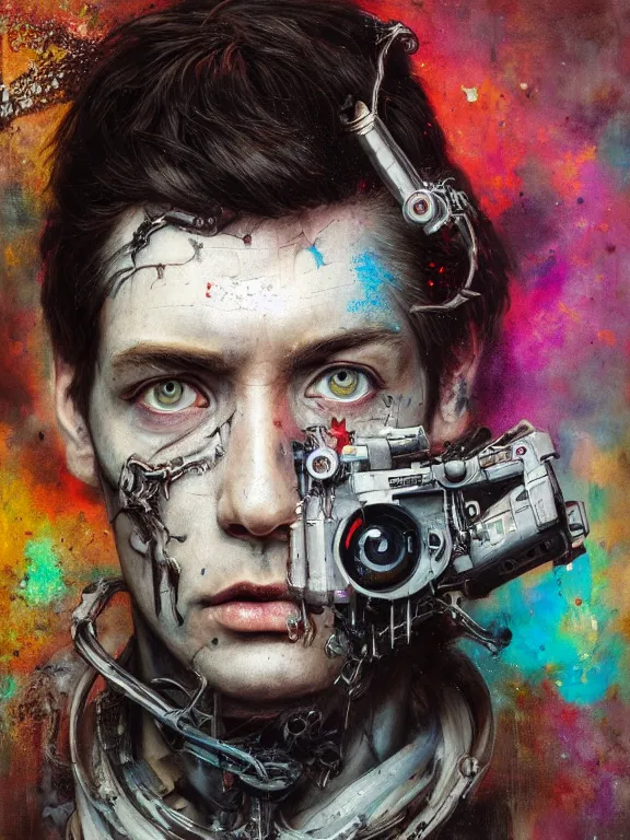 Prompt: art portrait of a man holding camera up to eye, decaying ,8k,by tristan eaton,Stanley Artgermm,Tom Bagshaw,Greg Rutkowski,Carne Griffiths, Ayami Kojima, Beksinski, Giger,trending on DeviantArt,face enhance,hyper detailed,minimalist,cybernetic, android, blade runner,full of colour,