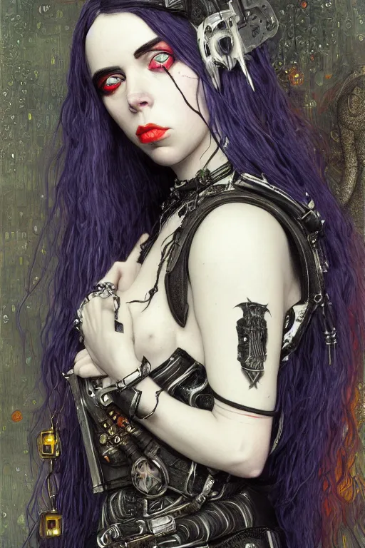 Image similar to beautiful gothic billie eilish, cyberpunk, Warhammer, highly detailed, artstation, illustration, art by Gustav Klimt