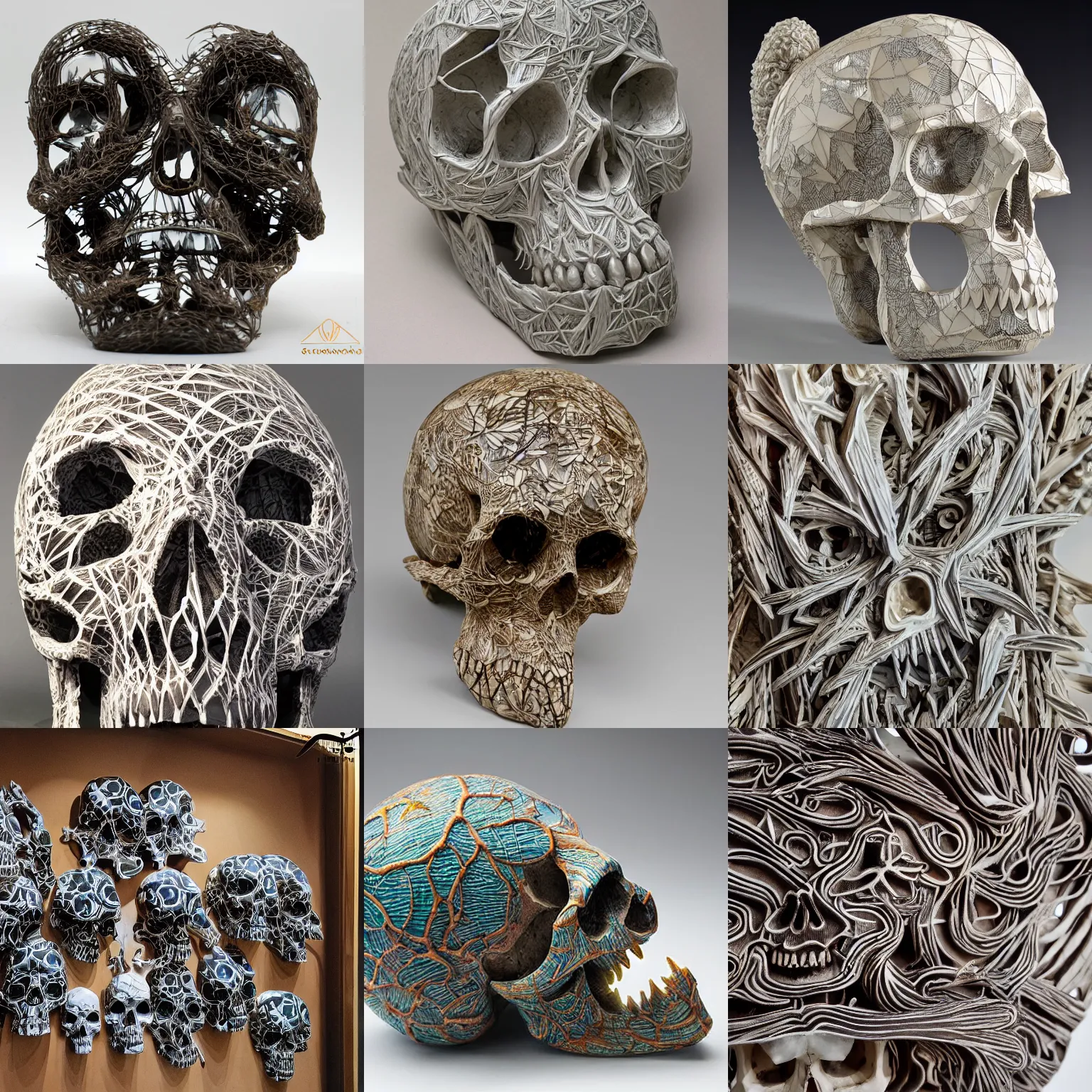 Prompt: abstract shaped skulls and bird made out of thick webs, color, glossy, highly detailed carving on southern ice porcelain, art gallery, masterpiece