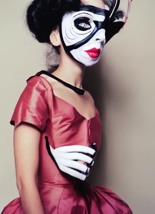 Image similar to a fashion portrait photograph of a woman wearing a plastic mask designed by tim burton, 3 5 mm, color film camera, pentax