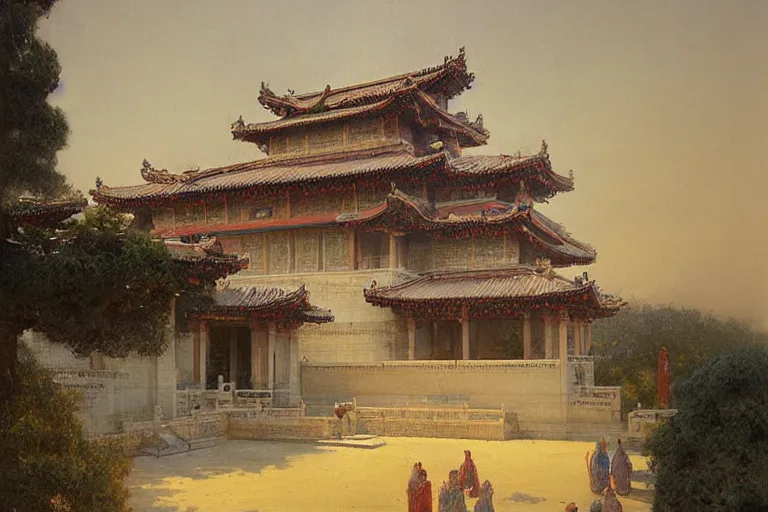 Image similar to mausoleum, buddhism, tang dynasty, painting by gaston bussiere, greg rutkowski