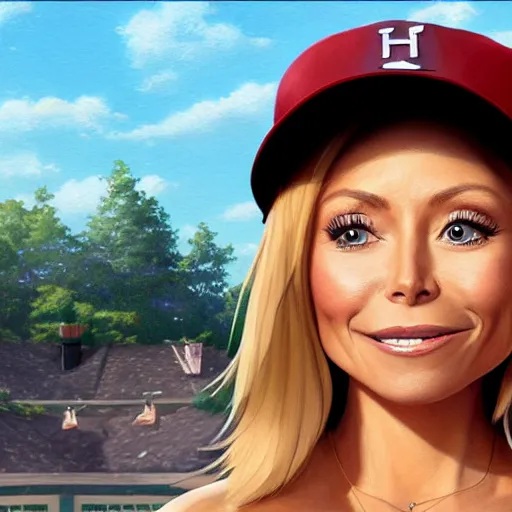 Prompt: A portrait of kelly ripa wearing a baseball hat, extra detailed, digital illustration, by Makoto Shinkai and thomas kinkade, digital painting, Matte painting, trending on artstation and unreal engine