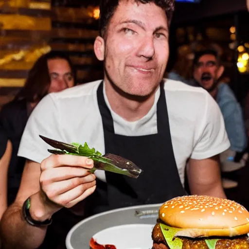 Image similar to tallest burger in the world surrounded by crowd of people in restaurant, flash photography