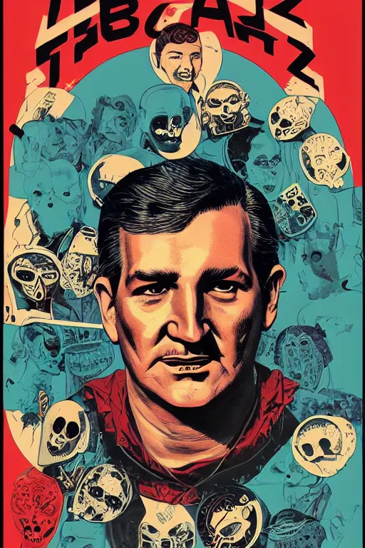 Image similar to Ted Cruz is the zodiac killer, unmasked, horror, slasher, retro cover, high details, intricate details, by vincent di fate, artgerm julie bell beeple, 60s, inking, vintage 60s print, screen print