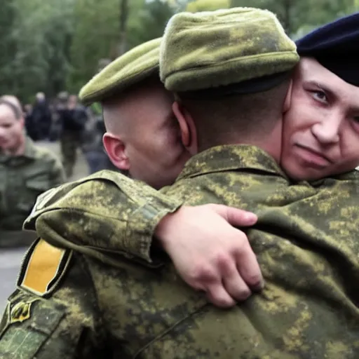 Image similar to a picture of two soldiers. a soldier from ukraine and russia are hugging peacefully