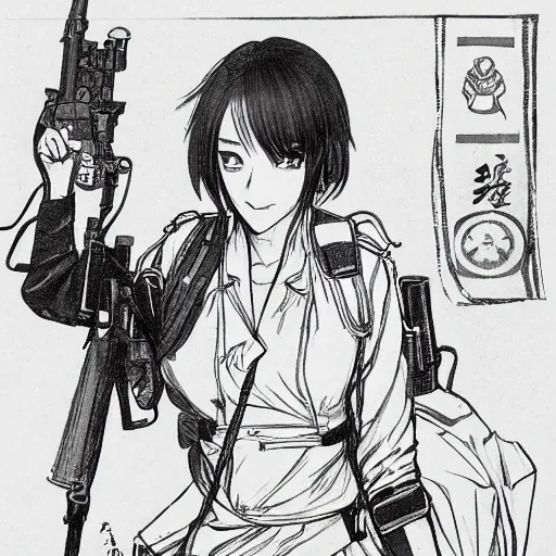 Prompt: manga style, black and white, thin line art, portrait of a girl, shoulder eyes, trench and sandbags in background, soldier clothing, military gear, short hair, hair down, symmetrical facial features, round face, paper sketch, detailed drawing, by darrow geof, alphonse mucha, greg rutkowski, satoru sao