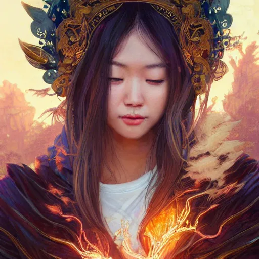 Image similar to asian goddesses representing earth, air, fire, water, and lightning, wearing modern clothing, hoodie, jean shorts, d & d, highly detailed, digital painting, artstation, concept art, sharp focus, illustration, cinematic lighting, art by artgerm and greg rutkowski and alphonse mucha