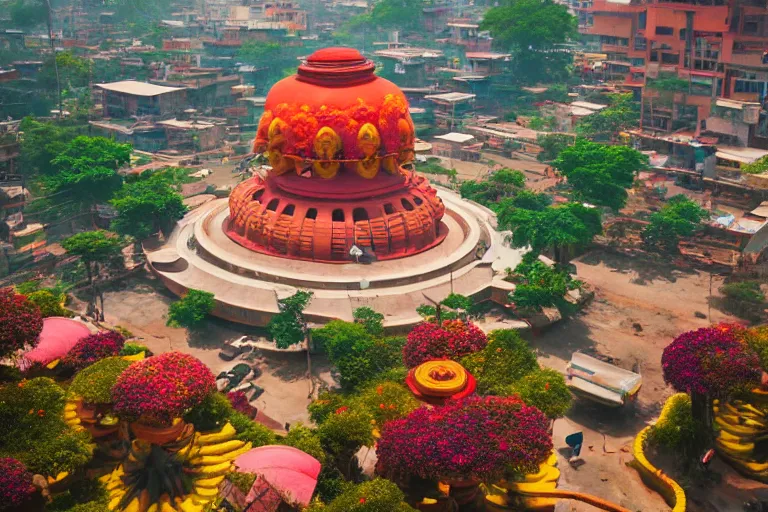 Image similar to beautiful dreamy! biomorphic new delhi, hanuman!! head building, kalighat flowers, octane sharp cinematic, stephen shore & john j. park, soft morning light, wide shot, aerial photo, uhd 8 k, shallow depth of field