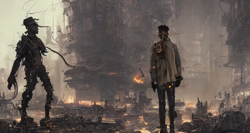 Image similar to a highly detailed epic cinematic concept art CG render digital painting artwork scene: retrofuturistic 1920s cyberpunk steampunk man brutally fused with a smoking combustion engine backpack. By Greg Rutkowski, Ilya Kuvshinov, WLOP, Stanley Artgerm Lau, Ruan Jia and Fenghua Zhong, trending on ArtStation, made in Maya, Blender and Photoshop, octane render, excellent composition, cinematic dystopian brutalist atmosphere, dynamic dramatic cinematic lighting, aesthetic, very inspirational, arthouse