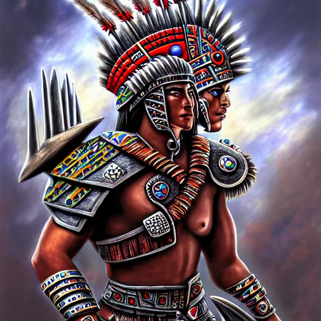 Prompt: futuristic aztec warrior, highly detailed, 4 k, hdr, smooth, sharp focus, high resolution, award - winning photo, illustrated by anne stokes, photorealistic