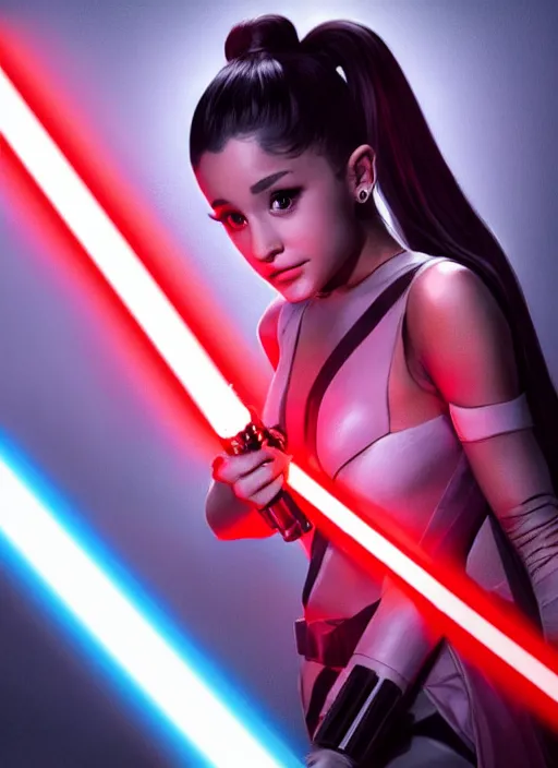 Image similar to Photo of Ariana Grande with a red lightsaber, Star Wars concept art, trending on artstation, dramatic lighting, photo-realistic