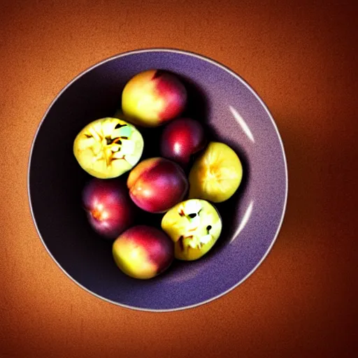 Prompt: concept art of a single bowl filled with a few moist freshly picked plums on a wooden table. digital painting, illustration, volumetric lighting, highly detailed, small scale, artistic, trending on artstation.