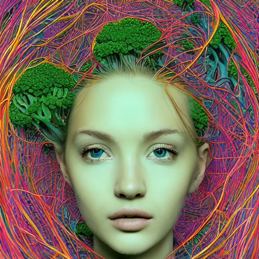 Prompt: the portrait of an unbelievably beautiful, elegant, and sophicated young woman partially made of broccoli looking up, an ultrafine detailed illustration by james jean, intricate linework, bright colors, final fantasy, behance contest winner, vanitas, angular, altermodern, unreal engine 5 highly rendered, global illumination, radiant light, detailed and intricate environment