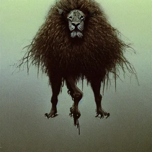 Prompt: the man with the beak of an eagle, the mane of a lion, the horns of a bull. drawn by zdzislaw beksinski