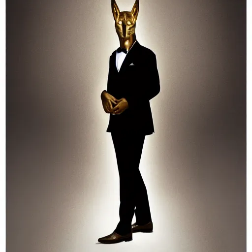 Image similar to portrait of Anubis wearing an elegant suit with a shiny gold necklace, looking at the camera, black background, studio light