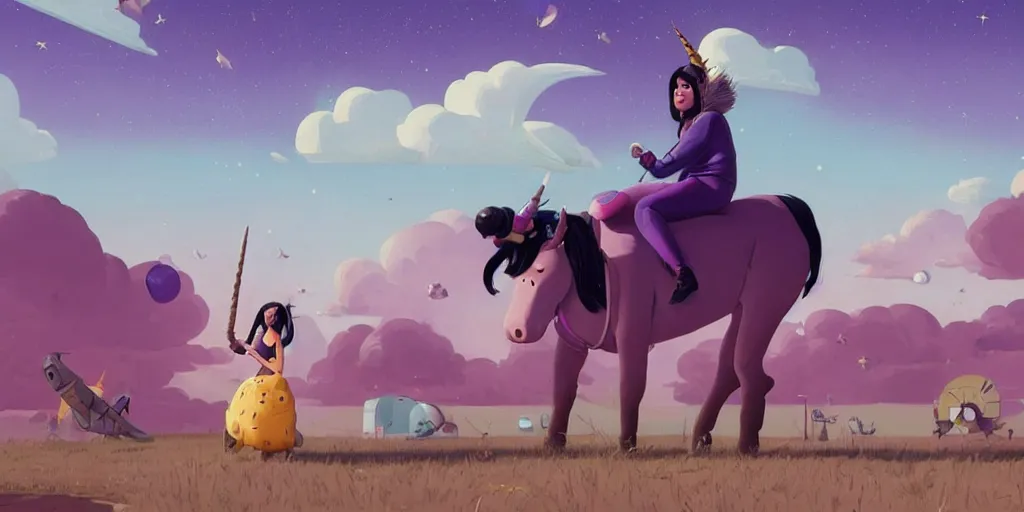 Prompt: illustration of a black - haired woman with a unicorn horn and tan skin with purple clouds and spaceships on the horizon in toronto, by goro fujita and simon stalenhag and wes anderson and alex andreev, 8 k, trending on artstation, hyper detailed, cinematic