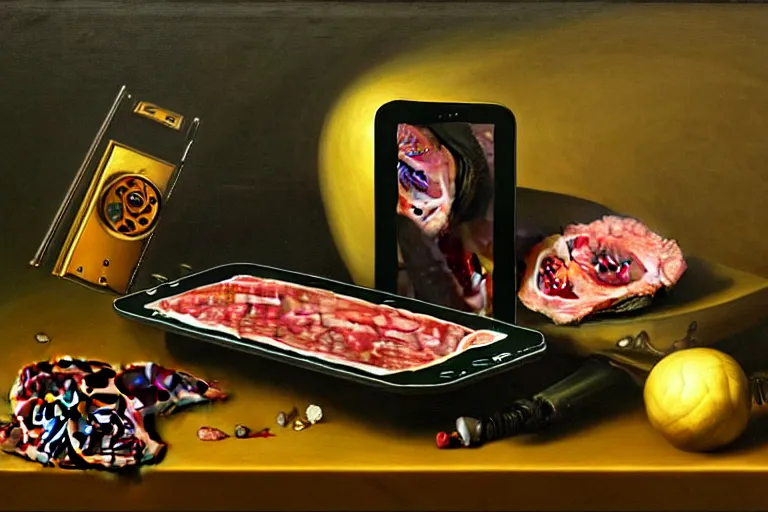 Prompt: a vanitas painting depicting an NVIDIA RTX A100 GPU, graphics card and a smartphone as well as packaged meat