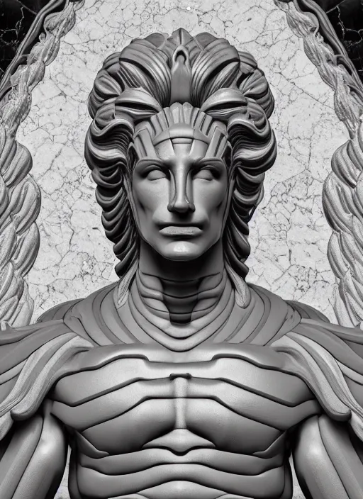 Image similar to stylized rainbow bismuth ornate statue full body made of marble of fabio, perfect symmetrical body, perfect symmetrical face, hyper realistic, hyper detailed, by johannen voss, by michelangelo, octane render, blender, 8 k, displayed in pure white studio room