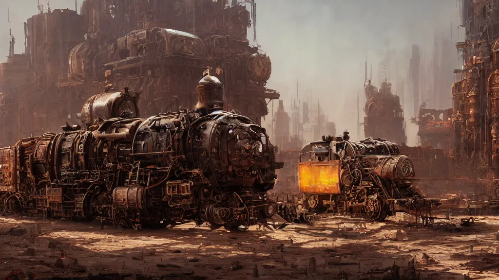 Prompt: A rusty old Mortal Engine City trundling along in a hot sunny desert, gleaming volumetric-lighting-style atmosphere, a dark gloomy futuristic atmosphere, intricate, detailed, photorealistic imagery, oil on canvas, concept art by Ian McQue, trending on artstation, 4k, 8k