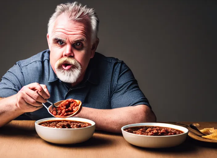 Image similar to photo of john ratzenberger eating chili, 8 k, 8 5 mm f 5. 6