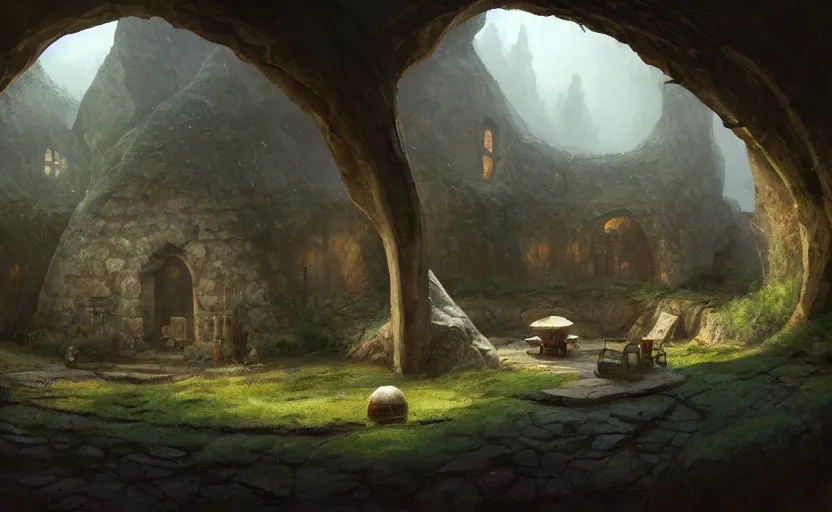 Image similar to painting of a series of living quarters overlooking communal area of a hidden, cozy ring - shaped complex carved inside a mountain, cozy bed, well maintained, clean, medieval, fantasy genre, natural light, fantasy, natural light, concept art, by greg rutkowski and craig mullins, cozy atmospheric and cinematic lighting, trending on artstation