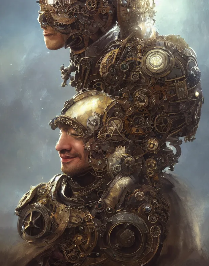 Image similar to steampunk knight of the round table, smiling, perfect face, gears, cinematic, elegant, highly detailed, psychedelic, digital painting, artstation, smooth, hard focus, illustration, art by jessica rossier and and brian froud