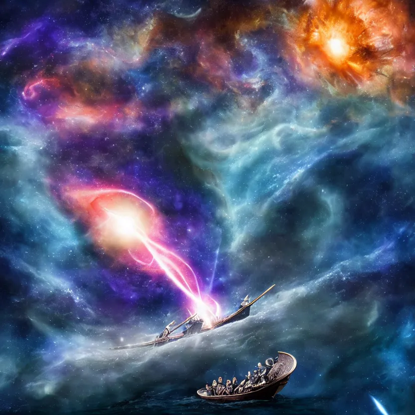 Prompt: viking battle ship rowing through an ocean that is a nebula, several supernovae in the background, distant black hole ejecting a near light speed stream of matter across the scene