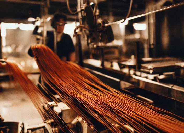 Prompt: a factory where people are processing fresh spaghetti, canon 5 0 mm, cinematic lighting, photography, retro, film, kodachrome, closeup