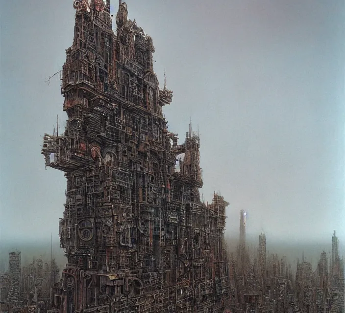 Prompt: gigantic mechanic megastructure tower in center, gothic, warhammer, steampunk, highly detailed, artstation, art by zdislav beksinski and wayne barlowe