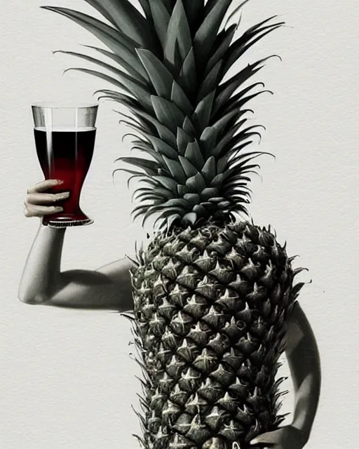 Prompt: a humanoid pineapple holding a large glass of port, nightclub, elegant, real life skin, intricate, high detailed, artstation, concept art, smooth, sharp focus, art by artgerm and greg rutkowski