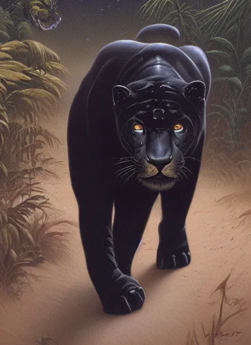 Image similar to a beautiful black jaguar walking in the jungle at night, art by christophe vacher