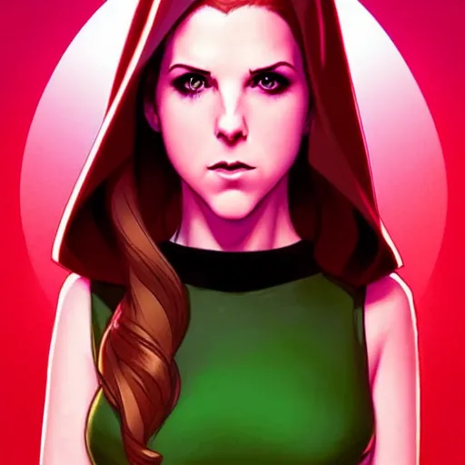 Prompt: Phil Noto comic art, artgerm, cinematics lighting, beautiful Anna Kendrick supervillain Enchantress, green dress with a black hood, angry, symmetrical face, Symmetrical eyes, full body, flying in the air over city, night time, red mood in background