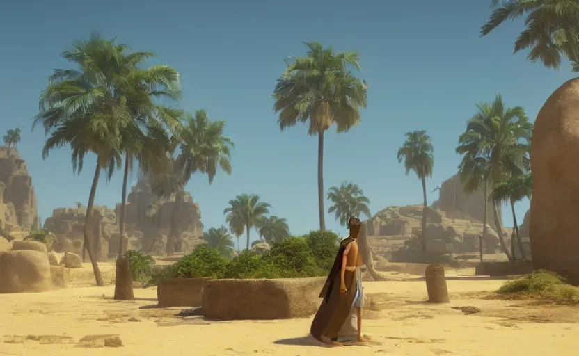 Prompt: a film still Nordeste Brasileiro, ancient egypt lush palm trees temple limestone desert courtyard, studio Ghibli, Pixar and Disney animation, sharp, Rendered in Unreal Engine 5, anime key art by Greg Rutkowski, Bloom, dramatic lighting