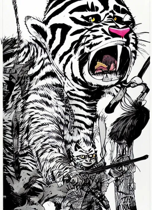 Prompt: tigerman wearing a botie cover art by jamie hewlett and ashley wood, digital art, neonpunk