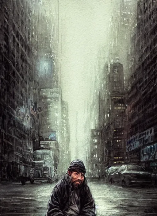 Image similar to portrait, homeless pixie on the rainy streets of New York , watercolor, dramatic lighting, cinematic, establishing shot, extremely high detail, foto realistic, cinematic lighting, pen and ink, intricate line drawings, by Yoshitaka Amano, Ruan Jia, Kentaro Miura, Artgerm, post processed, concept art, artstation, matte painting, style by eddie mendoza, raphael lacoste, alex ross