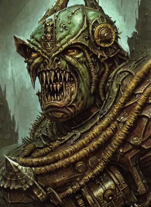 Image similar to portrait of a nurgle smiling, intricate, warhammer, warhammer 4 0 k, highly detailed, digital painting, concept art, sharp focus, illustration, muted colors, grim dark, moody, gloomy, art by john blanche, by pedro nunez, by jaime martinez, by nacho molina