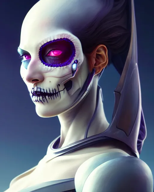 Prompt: side portrait of female android, sharp focus, sci - fi, fantasy art, digital illustration, dia de los muertos. octane render, unreal engine. concept art. art by artgerm and wlop and giger and greg rutkowski and rossdraws and alphonse mucha, 8 k