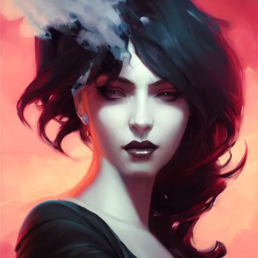 Image similar to Elegant woman with black hair, smoke around her, high detail, concept art background by john harris + andreas rocha, artwork by charlie bowater + artgerm + anato finnstark + ross tran