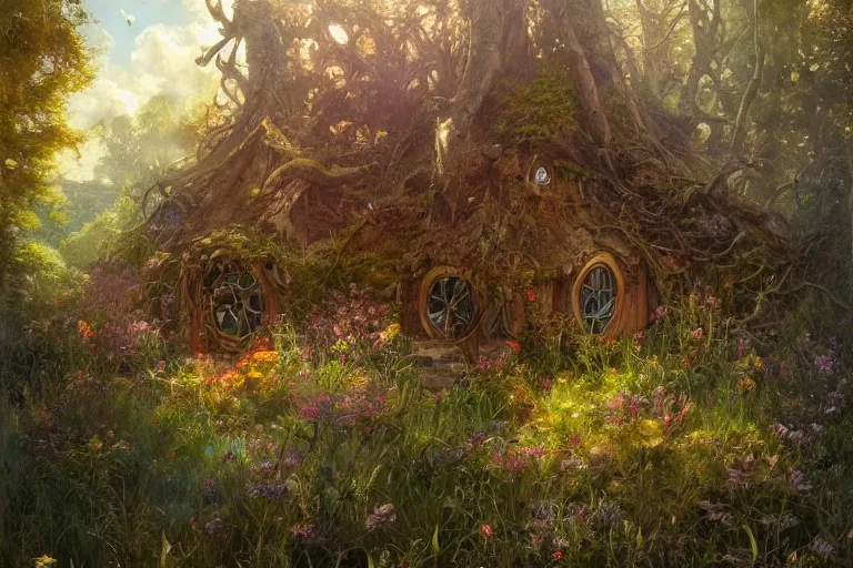 Image similar to wide angle view, a beautiful digital painting of a fairy house in plains, bright sunny day, woodline, magical, by greg rutkowski, brian froud, marc simonetti, jean - baptiste monge, mucha, symmetry, complementary colors, ink illustration, trending on artstation