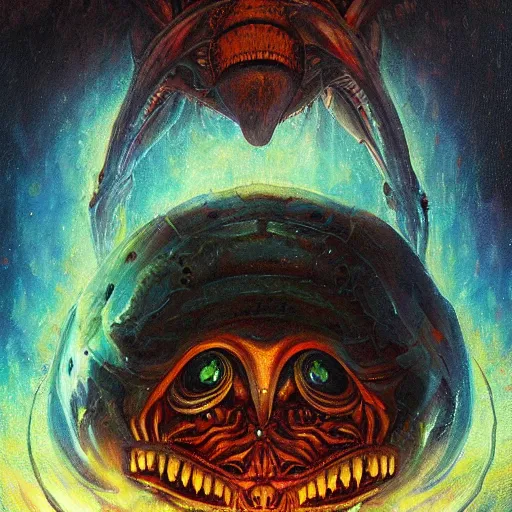 Prompt: alien long big brain grotesque cosmic horror scifi cover menacing scary uncanny eerie style oil painting heavy brushstrokes dramatix