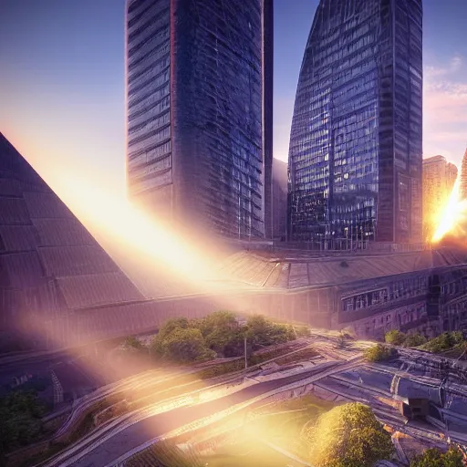 Image similar to photo of a futuristic solarpunk city, ground level, sunset, hdr god rays