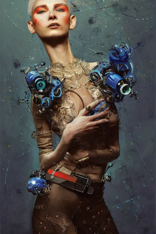 Image similar to an epic non - binary model, subject wearing a belt made out of computer mice, flowing, ornate, beautiful, intricate, muted tonal colors, with few ultramarine highlights, by jeremy mann and ilya kuvshinov, jamie hewlett, 8 0 mm lens, trending on artstation, oil on canvas