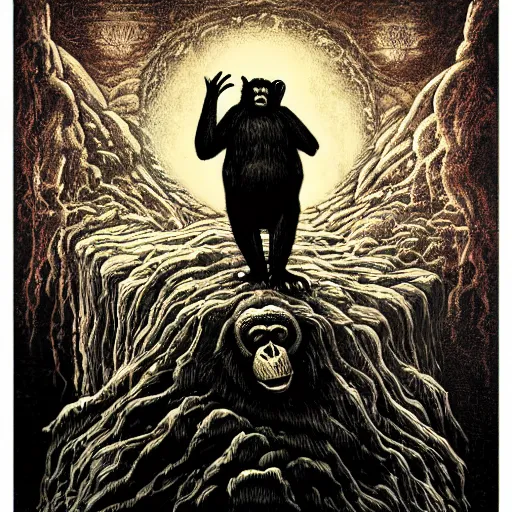 Prompt: chimpanzee descending from heaven, in the style of deathspell omega's fas album cover, illustration, detailed