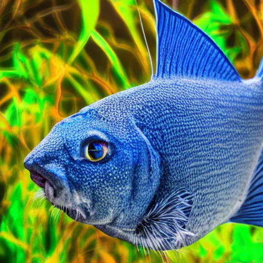 Prompt: a high - quality photo of a cat - fish, blue background, dappled lighting