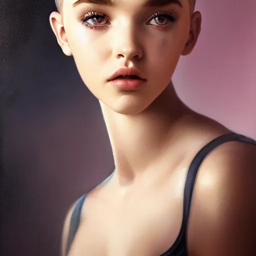 Image similar to tom bagshaw portrait, beautiful mix of dove cameron madison beer bella poarch in a camisole and hotpant, short cyberpunk haircut, professionally retouched, focus eyes, ultra realistic soft painting, insanely detailed linework, symmetrical accurate intricate features, behance, 8 k, - signature