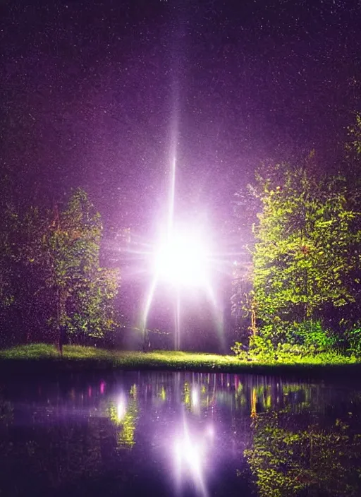 Prompt: photography at night of an ethereal pond, a central sunlight glare, mystical lights, cyber futuristic lights in the sky, masterpiece, epic, cinematic, hyperealistic photo, high detailed, flashlight at night