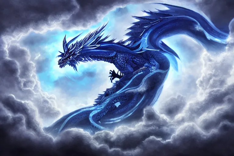 Image similar to majestic blue dragon surrounded by clouds and lightning, digital painting, mixed media, trending on artstation and deviantart, epic composition, centered, sharp focus, magnum opus, highly detailed, 8 k